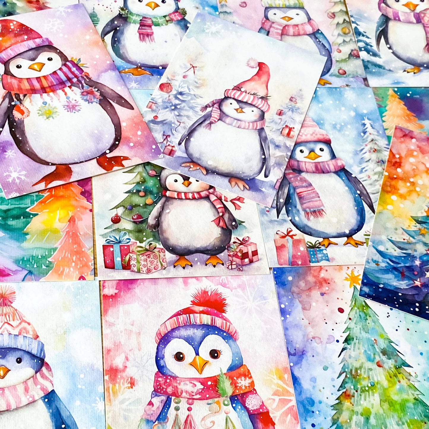christmas festive winter snow snowy postcard postcards post card cards blank stationery planner addict penguin penguins fir tree trees pretty colourful set of 3 pack uk cute kawaii 