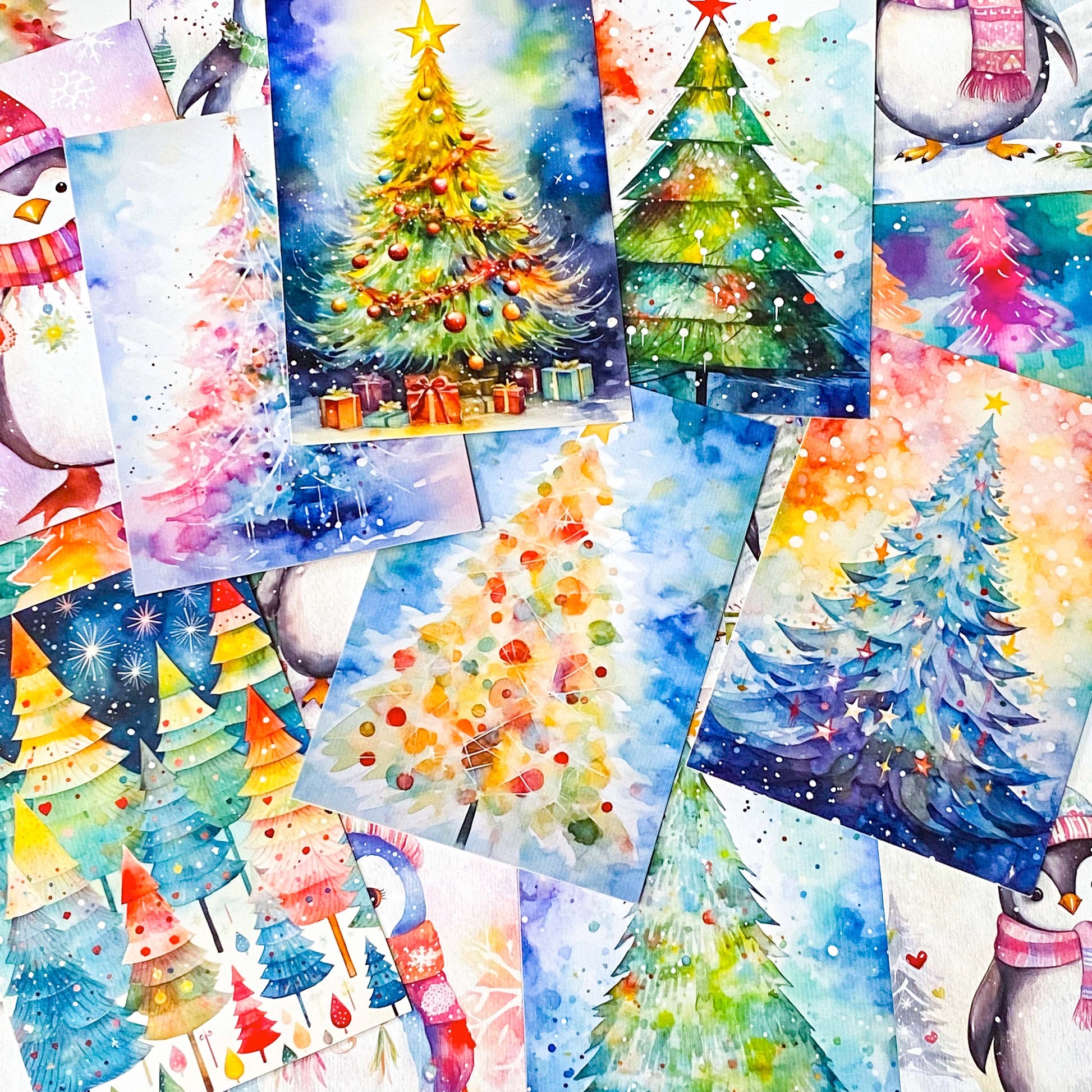 christmas festive winter snow snowy postcard postcards post card cards blank stationery planner addict penguin penguins fir tree trees pretty colourful set of 3 pack uk cute kawaii 