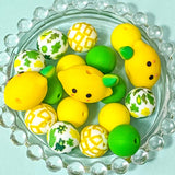 lemon lemons themed fruit fruits silicone bead beads jumbo very large big chunky uk cute kawaii green and yellow patterned craft supplies shop store pretty beaded pen pens make your own jewellery leaf leaves print 28mm 15mm round soft