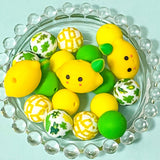 lemon lemons themed fruit fruits silicone bead beads jumbo very large big chunky uk cute kawaii green and yellow patterned craft supplies shop store pretty beaded pen pens make your own jewellery leaf leaves print 28mm 15mm round soft