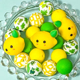 lemon lemons themed fruit fruits silicone bead beads jumbo very large big chunky uk cute kawaii green and yellow patterned craft supplies shop store pretty beaded pen pens make your own jewellery leaf leaves print 28mm 15mm round soft