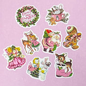 kitsch christmas festive sticker stickers set die cut cuts small packaging stationery  uk cute kawaii planner addict supplies gift gifts pink green santa retro vintage deer baby deers snowman snowmen gingerbread man men tree girl dress wreath merry christmas hot chocolate pack of 30