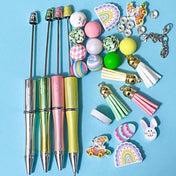 make a beaded pen pens black fineline ink gel ballpoint uk cute kawaii easter spring bunny rainbow egg gnome gnomes chunky bead beads wood wooden kit set gift gifts pink lemon yellow green lime soft pastel colour colours silver set tassel hanging build a