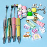 make a beaded pen pens black fineline ink gel ballpoint uk cute kawaii easter spring bunny rainbow egg gnome gnomes chunky bead beads wood wooden kit set gift gifts pink lemon yellow green lime soft pastel colour colours silver set tassel hanging build a