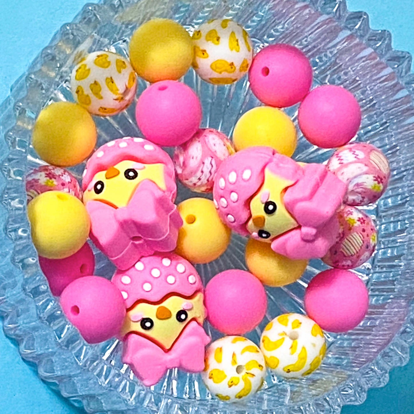 jumbo chunky very big large silicone easter spring bead beads chick chicks in egg pink yellow lemon hot pink pretty craft supplies make a beaded pen pens uk cute kawaii stationery shop store 15mm round 29mm 