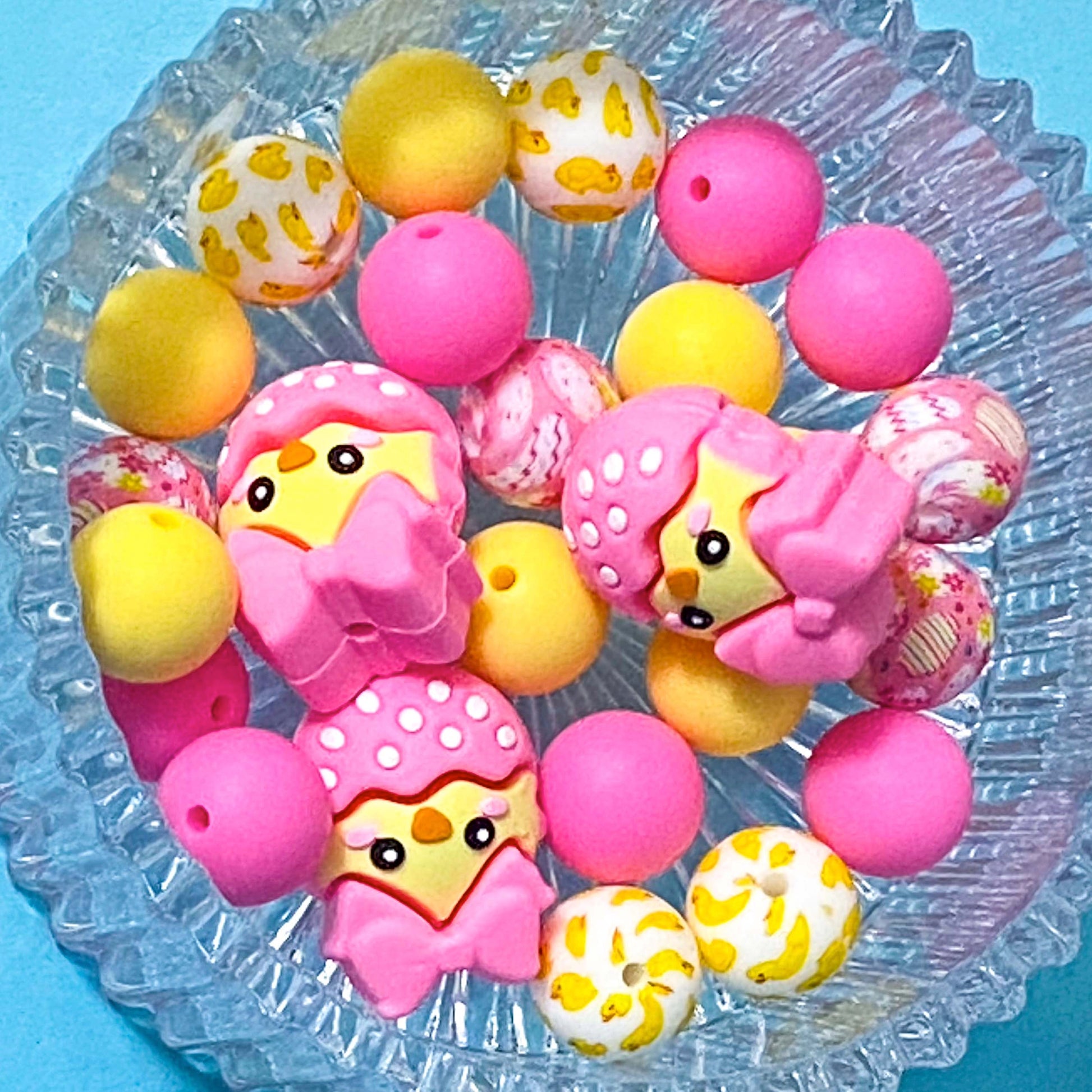 jumbo chunky very big large silicone easter spring bead beads chick chicks in egg pink yellow lemon hot pink pretty craft supplies make a beaded pen pens uk cute kawaii stationery shop store 15mm round 29mm 