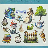 alice in wonderland cute kawaii clear plastic sticker stickers flake flakes pack tale of  rabbit white bunny bird birs swallow cheshire cat cats teapot clock clocks pocket watch stream tree book books daisy    uk stationery planner addict supplies big large clear plastic pet pvc die cut cuts caterpillar