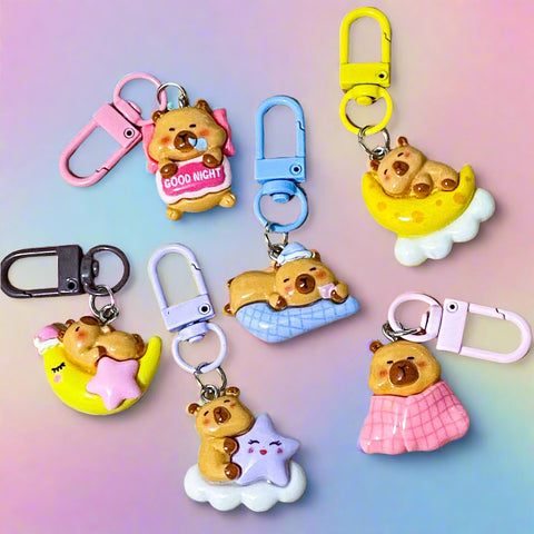 capybara capybaras cute kawaii keyring key ring clip bag charm charms clips chain uk fun gift gifts shop store stationery supplies planner addict pastel colours chunky moon sleepy sleeping bed bedtime night pink blue yellow lilac metal resin cloud clouds