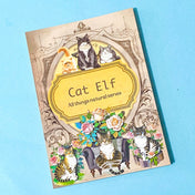 cat elf sticker book of 20 clear sheets of vintage cats and flowers pet stickers on a blue background