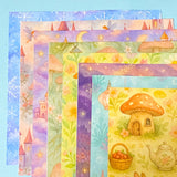 fairy story magical fantasy pack of 8 80gsm scrapbooking paper sheets with mushrooms, castles, crystals, dragons, books, animals and mermaids