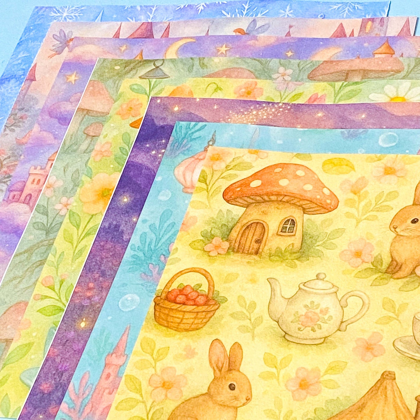 fairy story magical fantasy pack of 8 80gsm scrapbooking paper sheets with mushrooms, castles, crystals, dragons, books, animals and mermaids