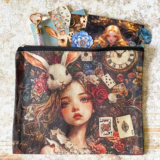 letterbox gift set with alice in wonderland vintage pouch, postcards, stickers and crystal ballpoint heart pen