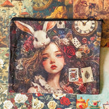 letterbox gift set with alice in wonderland vintage pouch, scrapbook paper postcards, stickers and crystal ballpoint heart pen