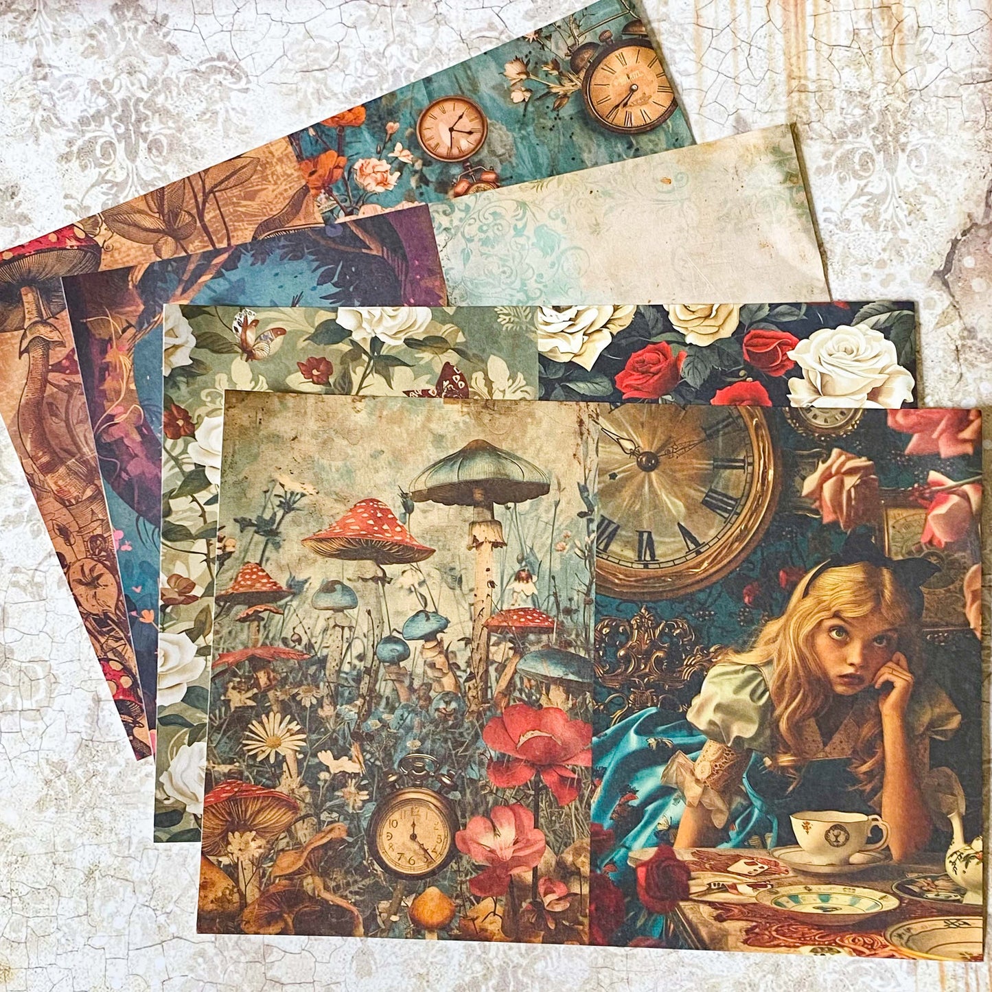 letterbox gift set with alice in wonderland vintage pouch, postcards, stickers and crystal ballpoint heart pen