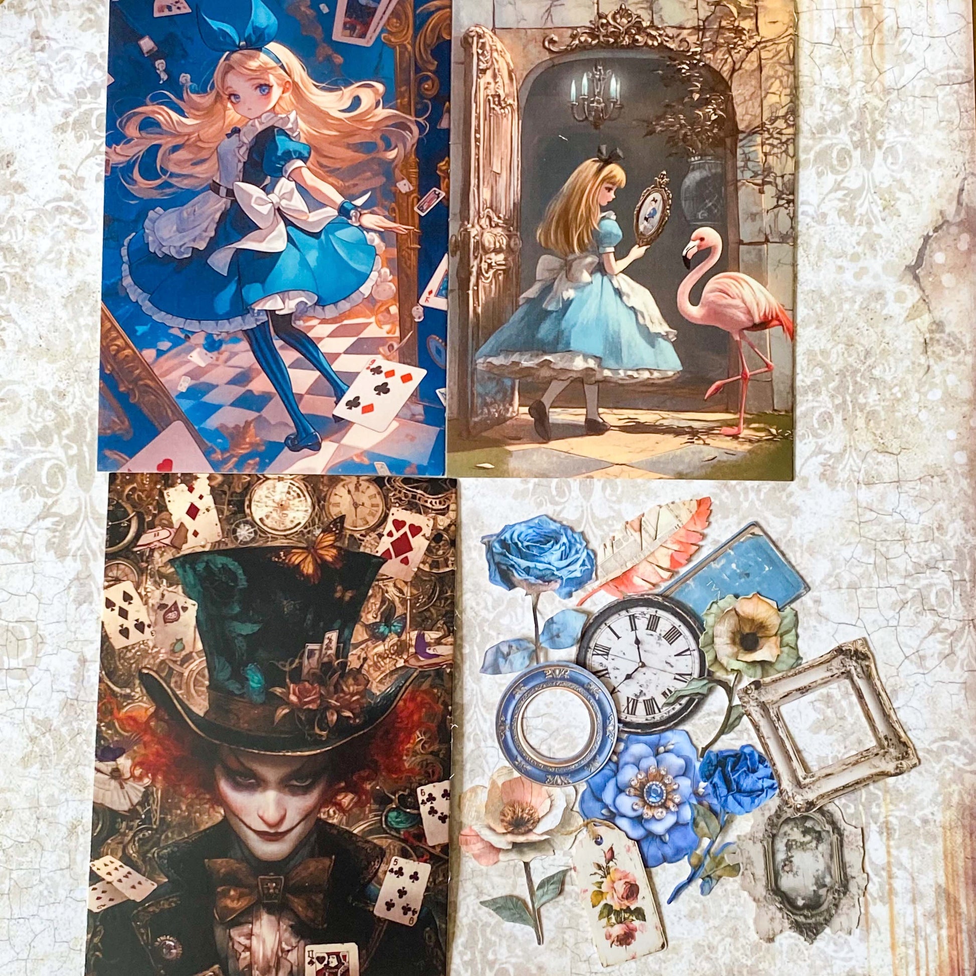 letterbox gift set with alice in wonderland vintage pouch, postcards, stickers and crystal ballpoint heart pen