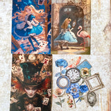 letterbox gift set with alice in wonderland vintage pouch, postcards, stickers and crystal ballpoint heart pen