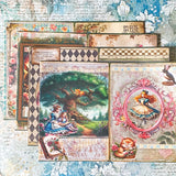 alice in wonderland time for tea stationery letterbox gift with canvas pouch, silver drink me necklace, book of clear vintage stickers and scrapbooking paper sheets