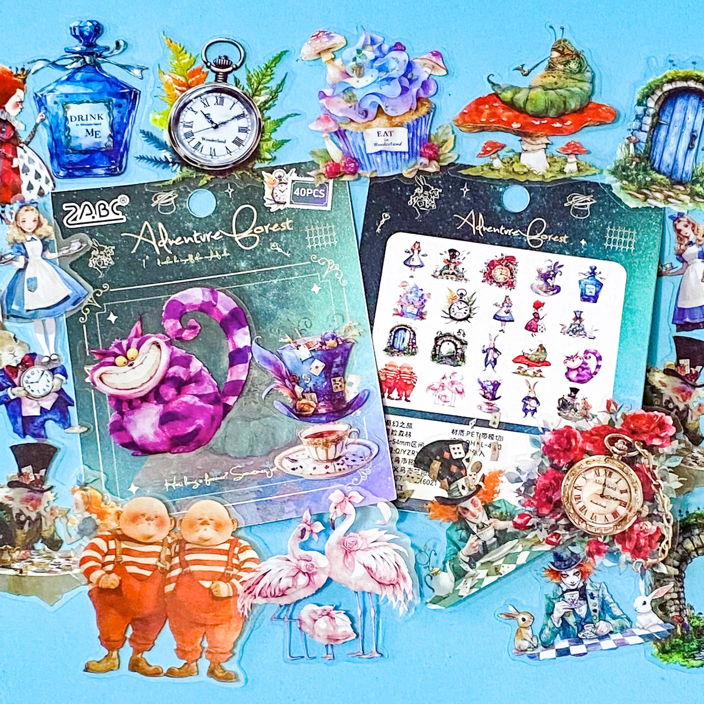 wonderland inspired PET sticker set with bright Alice style characters, clocks, rabbits, mushrooms, Mad Hatter, Cheshire Cat, Tweedledee Tweedledum and Tea Cups on blue background