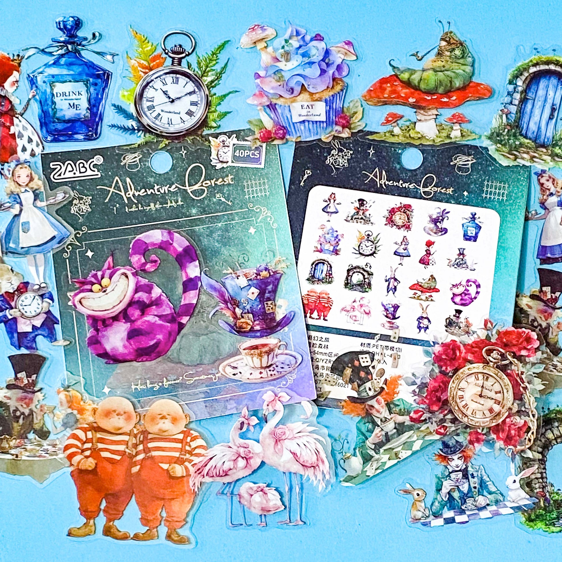 wonderland inspired PET sticker set with bright Alice style characters, clocks, rabbits, mushrooms, Mad Hatter, Cheshire Cat, Tweedledee Tweedledum and Tea Cups on blue background