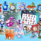 wonderland inspired PET sticker set with bright Alice style characters, clocks, rabbits, mushrooms, Mad Hatter, Cheshire Cat, Tweedledee Tweedledum and Tea Cups on blue background