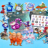 vibrant clear plastic PET stickers with an Alice in wonderland theme including illustrations of flamingo eat me cake, drink me potion, white rabbit, caterpillar on mushroom and pocket watch