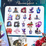 vibrant clear plastic PET stickers with an Alice in wonderland theme including illustrations of flamingo eat me cake, drink me potion, white rabbit, caterpillar on mushroom and pocket watch