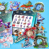 vibrant clear plastic PET stickers with an Alice in wonderland theme including illustrations of flamingo eat me cake, drink me potion, white rabbit, caterpillar on mushroom and pocket watch
