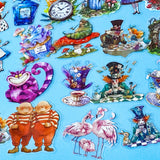 magical alice in wonderland pack of 40 large clear PET stickers with colourful characters including cheshire cat, mad hatter, flamingoes, caterpillar and rabbit on a bright turquoise background