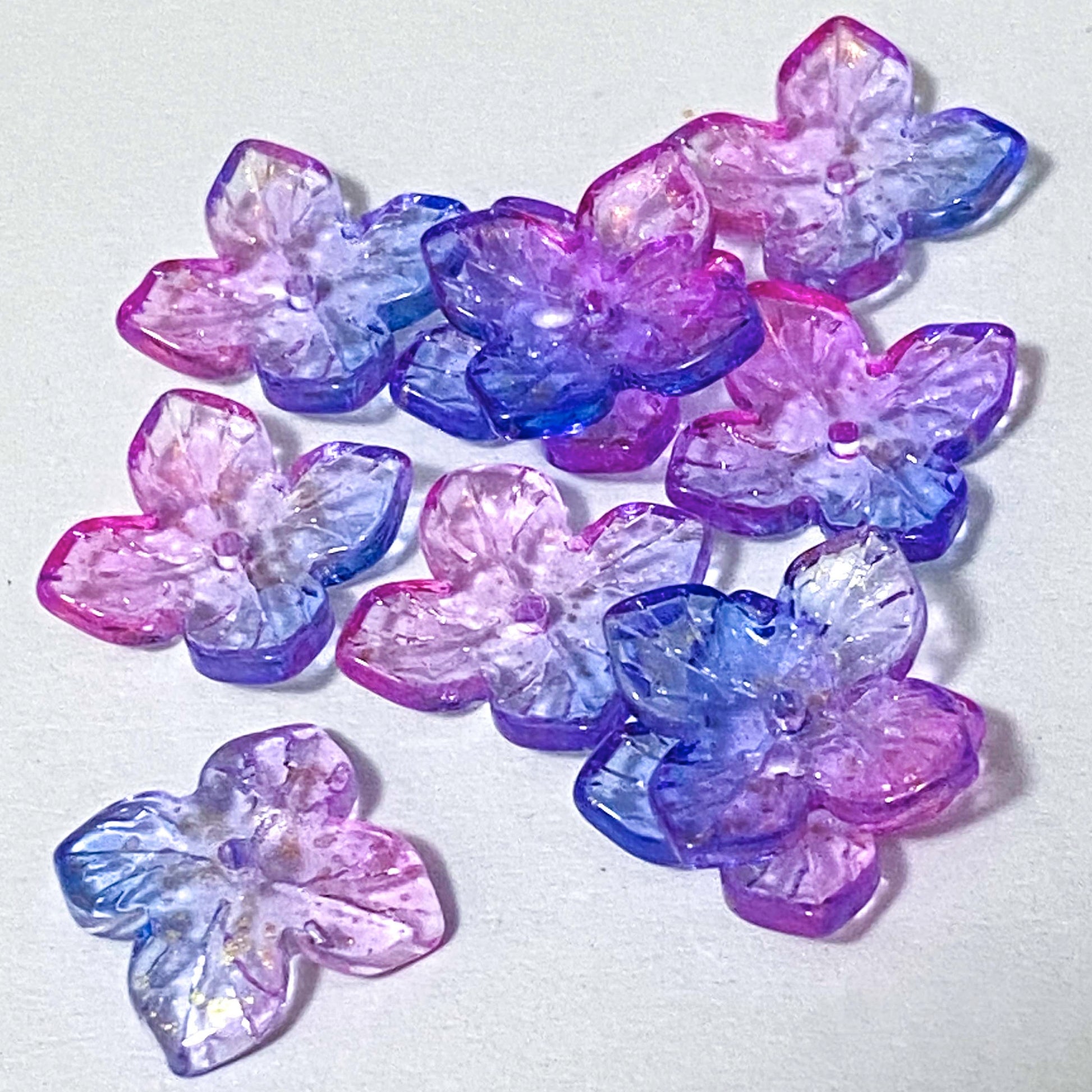iridescent ab coated glass 4 petal petalled flower flowers bead beads uk cute kawaii colourful craft supples shop store pink lilac purple turquoise green blue shimmer 18mm jewellery making 