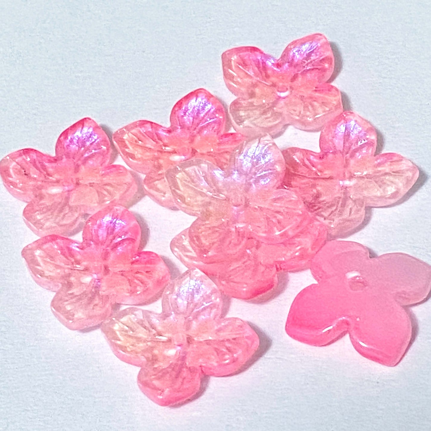 iridescent ab coated glass 4 petal petalled flower flowers bead beads uk cute kawaii colourful craft supples shop store pink lilac purple turquoise green blue shimmer 18mm jewellery making 