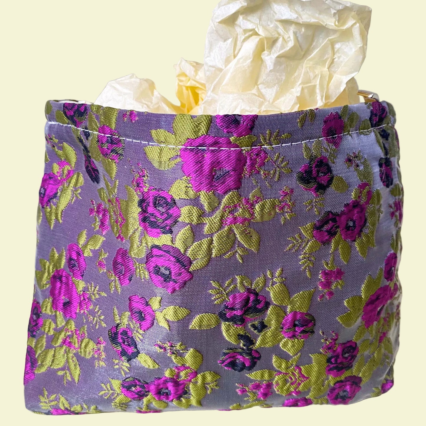 purple and green tapestry cometic pouch with woven satin-finish fabric with roses design, concealed zip, cream lining and gusseted base. Victorian inspired floral gift ideas from uk shop. museum quality cosmetic bag.