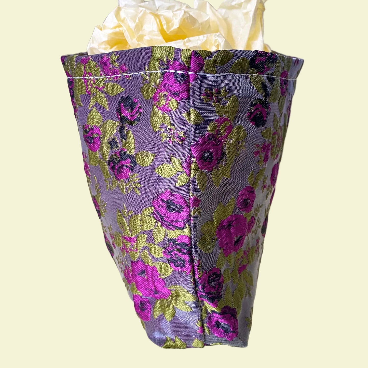 purple and green tapestry cometic pouch with woven satin-finish fabric with roses design, concealed zip, cream lining and gusseted base. Victorian inspired floral gift ideas from uk shop. museum quality cosmetic bag.