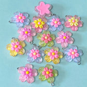bright colourful acrylic resin large jumbo big flower flowers floral charm charms pendant pendants 5 petal pink yellow blue green pretty uk cute kawaii craft supplies shop store 25mm silver hook