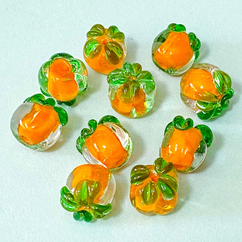 glass pumpkin pumpkins round 3d bead beads orange green leaf leaves fall autumn autumnal craft supplies uk cute kawaii shop store 12mm round chunky large big statement jewellery making fun halloween persimmon