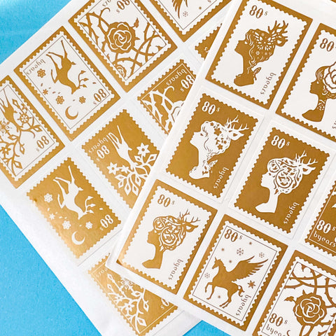 magic magical unicorn fairy fairytale stamp stamps sticker stickers sheet uk big large jumbo packaging seal seals uk cute kawaii stationery supplies shop store gold golden foil woodland theme