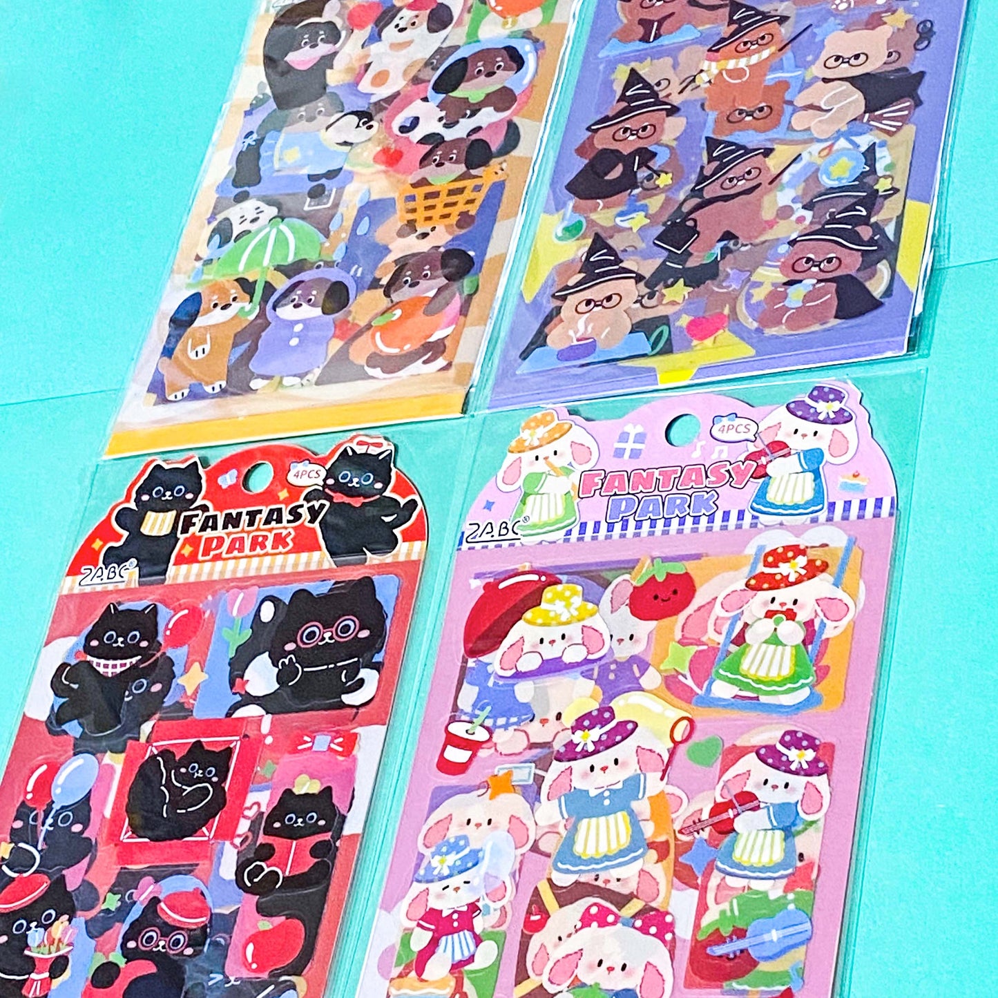 bear brown bears cute kawaii cat cats black kitten bunny bunnies rabbit rabbits puppy dog dogs sticker sheets pack of 4 clear plastic colourful stationery supplies shop store uk set gift gifts pretty pink red lilac yellow