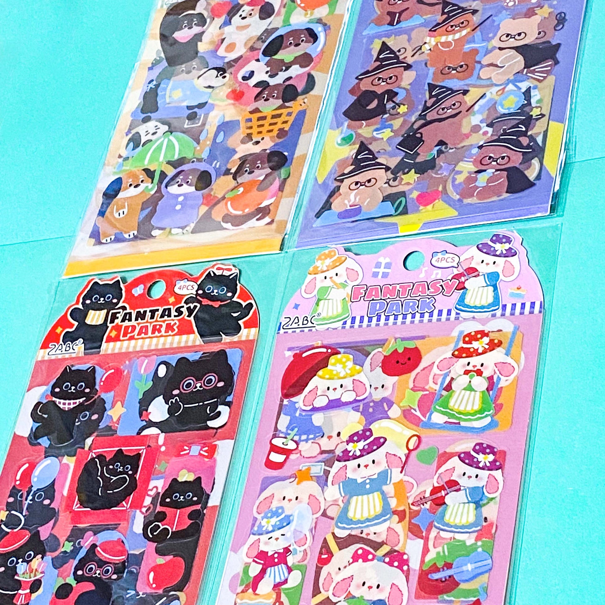 bear brown bears cute kawaii cat cats black kitten bunny bunnies rabbit rabbits puppy dog dogs sticker sheets pack of 4 clear plastic colourful stationery supplies shop store uk set gift gifts pretty pink red lilac yellow