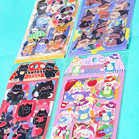 bear brown bears cute kawaii cat cats black kitten bunny bunnies rabbit rabbits puppy dog dogs sticker sheets pack of 4 clear plastic colourful stationery supplies shop store uk set gift gifts pretty pink red lilac yellow
