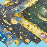 celestial scrapbook paper pack with dark blue sky night designs featuring gold stars, moons, planets and vintage astrology illustrations