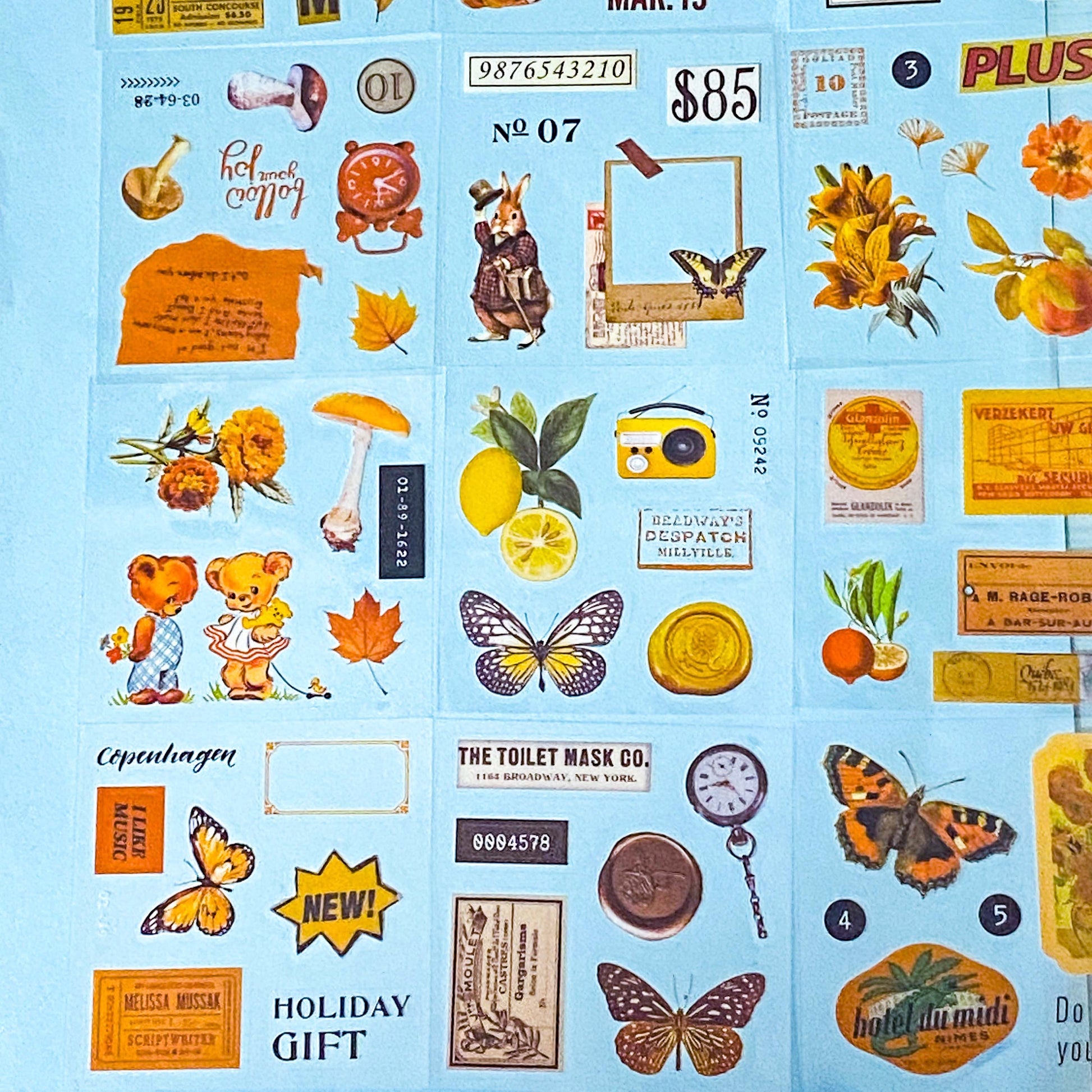 pack of vintage style clear sticker sheets featuring butterflies, flowers, labels and botanical illustrations on transparent background