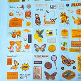 pack of vintage style clear sticker sheets featuring butterflies, flowers, labels and botanical illustrations on transparent background