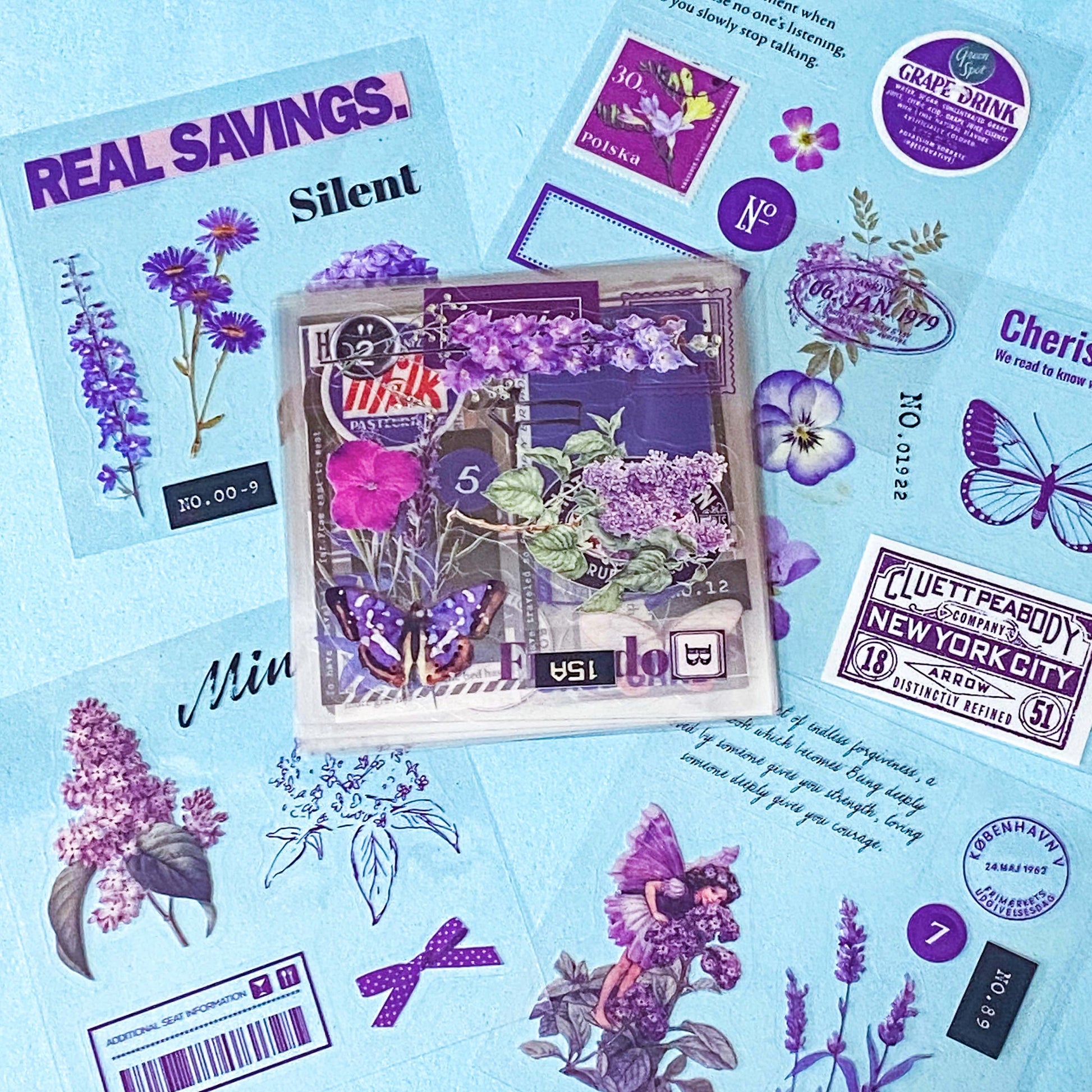 pack of 25 clear sticker sheets featuring purple vintage collage elements including butterflies, flowers, labels and decorative frames