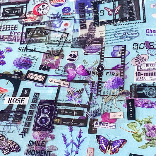 pack of 25 clear sticker sheets featuring purple vintage collage elements including butterflies, flowers, labels and decorative frames