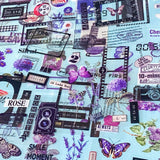 pack of 25 clear sticker sheets featuring purple vintage collage elements including butterflies, flowers, labels and decorative frames