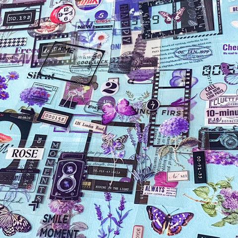 pack of 25 clear sticker sheets featuring purple vintage collage elements including butterflies, flowers, labels and decorative frames