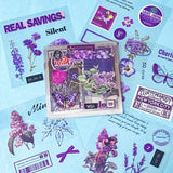 pack of 25 clear sticker sheets featuring purple vintage collage elements including butterflies, flowers, labels and decorative frames