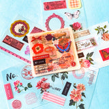 collection of 25 sheets of clear stickers featuring vintage botanical illustrations, flowers, butterflies, labels, borders and tickets with a pink and red theme
