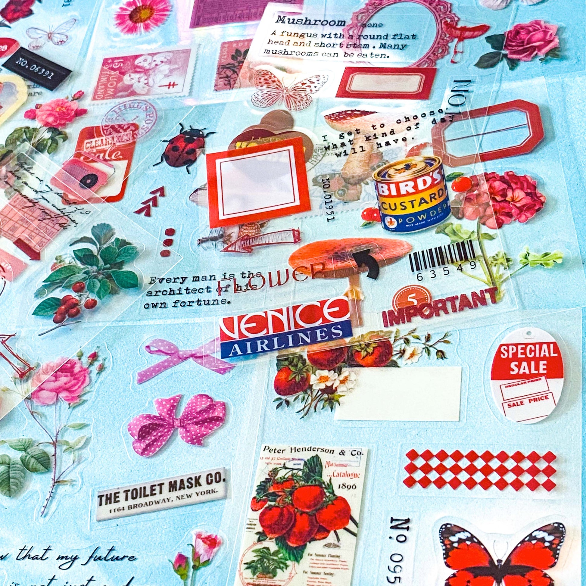 collection of 25 sheets of clear stickers featuring vintage botanical illustrations, flowers, butterflies, labels, borders and tickets with a pink and red theme