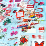 collection of 25 sheets of clear stickers featuring vintage botanical illustrations, flowers, butterflies, labels, borders and tickets with a pink and red theme