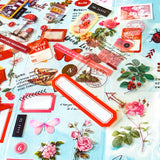 collection of 25 sheets of clear stickers featuring vintage botanical illustrations, flowers, butterflies, labels, borders and tickets with a pink and red theme